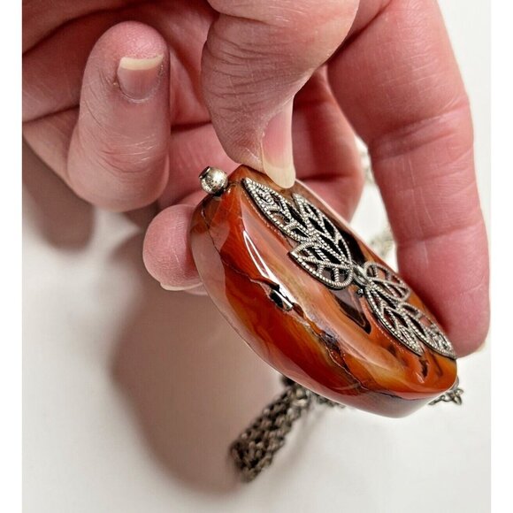 HM Silver Caramel Brown Black Oval Agate Stone Leaf Overlay Statement Necklace - Picture 4 of 8